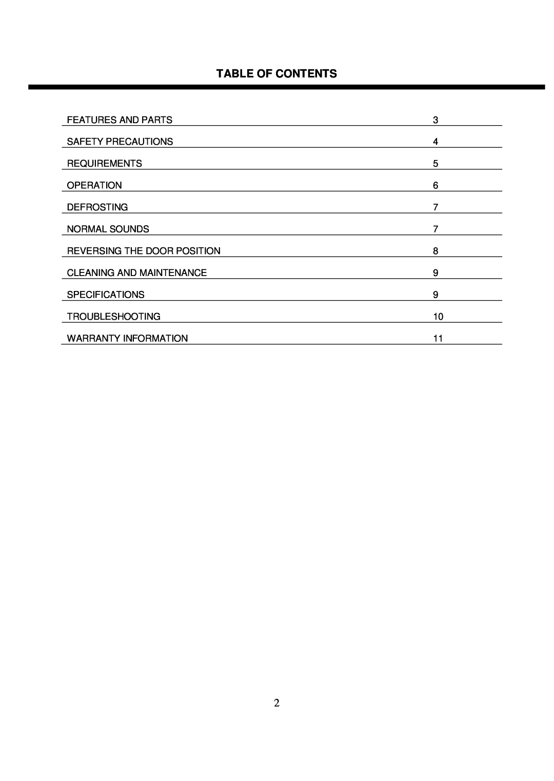 Whynter MRF-310DB instruction manual Table Of Contents 