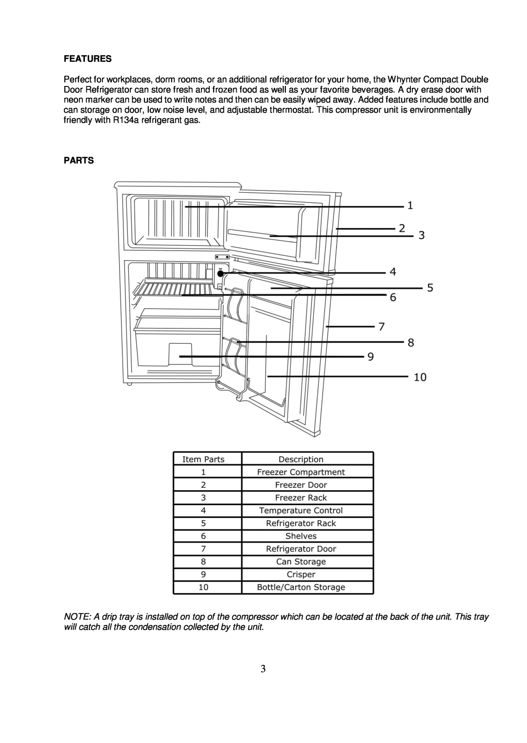 Whynter MRF-310DB instruction manual Features, Parts 