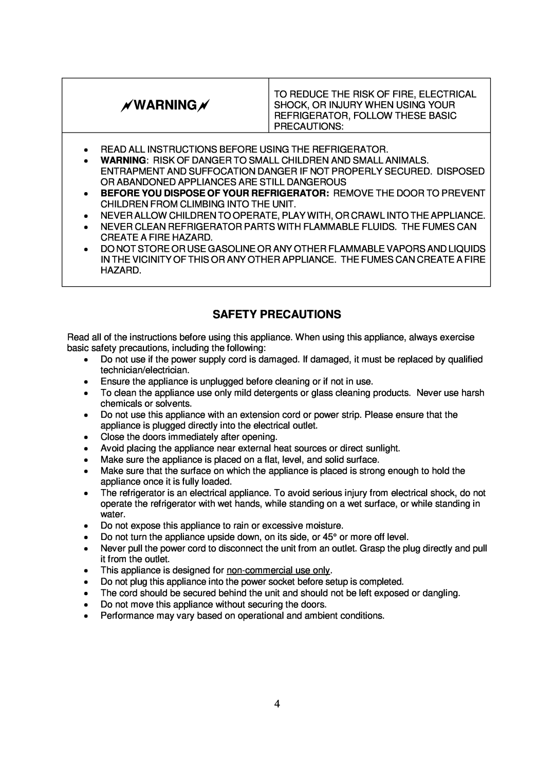 Whynter MRF-310DB instruction manual Warning, Safety Precautions 