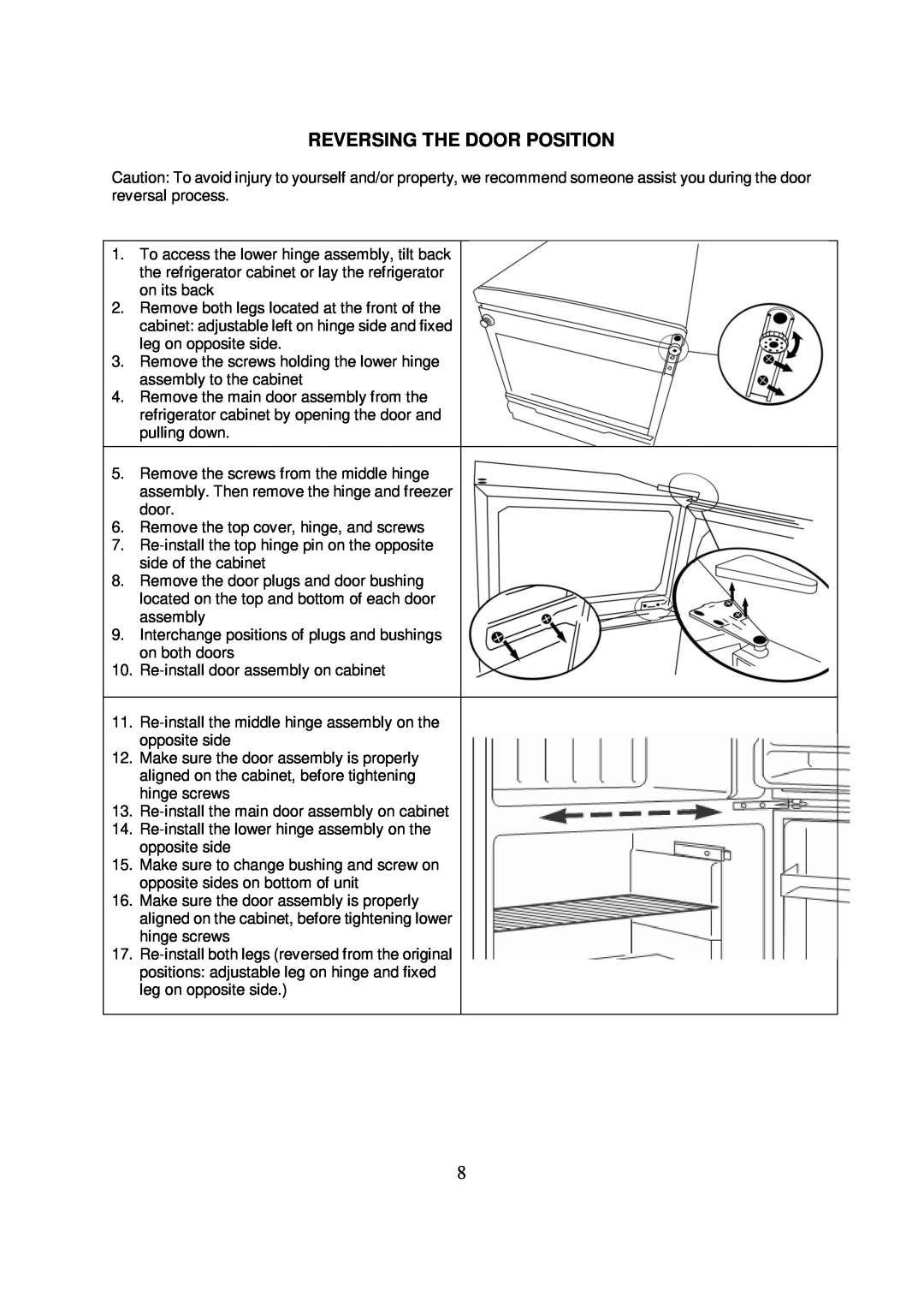 Whynter MRF-310DB instruction manual Reversing The Door Position 