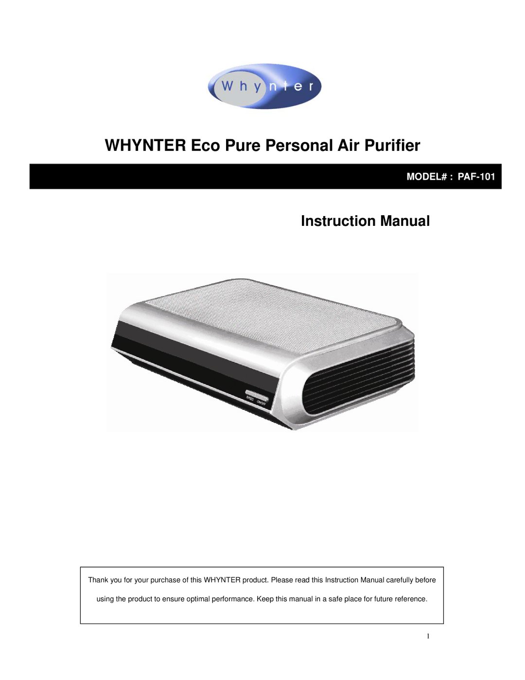 Whynter PAF-101 instruction manual Whynter Eco Pure Personal Air Purifier 