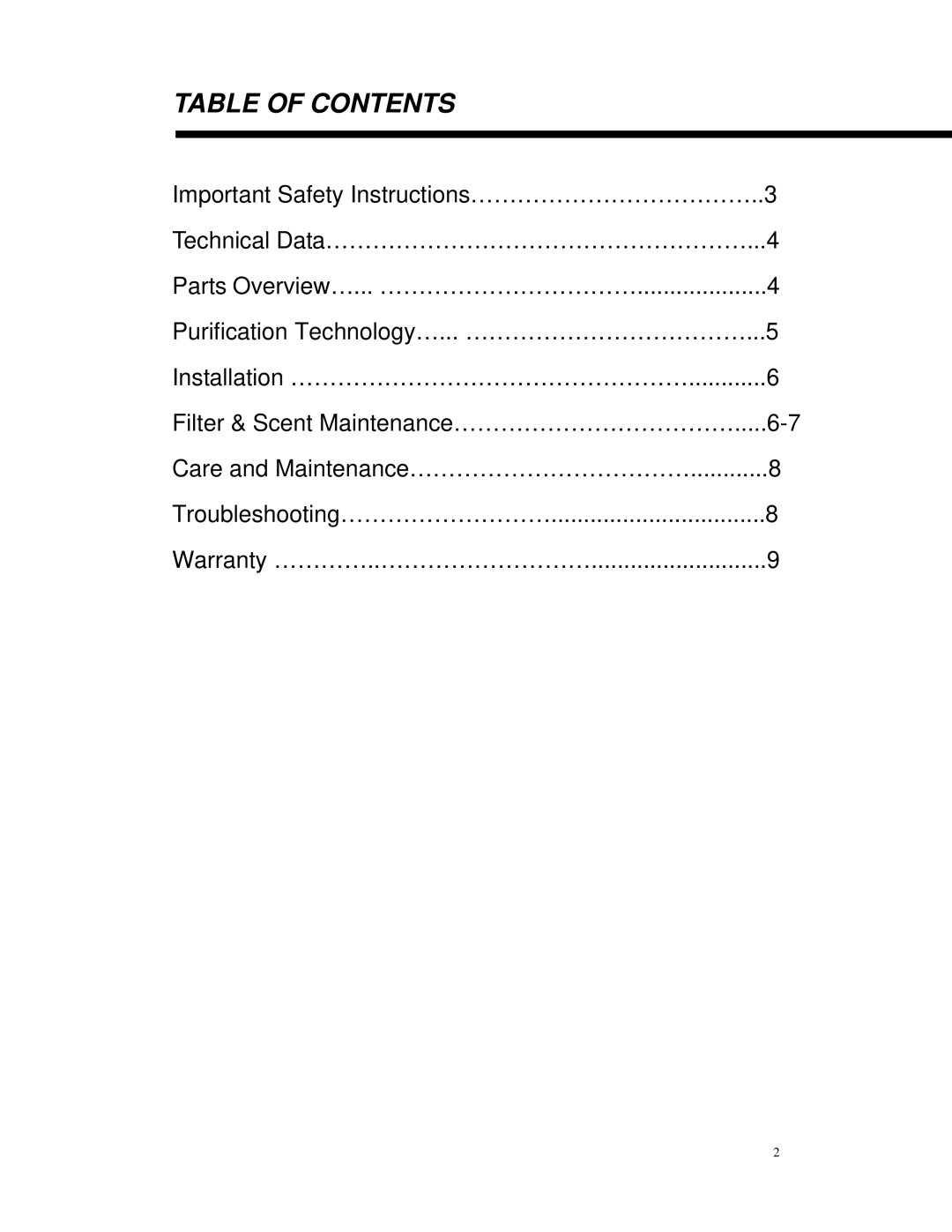 Whynter PAF-101 instruction manual Table of Contents 