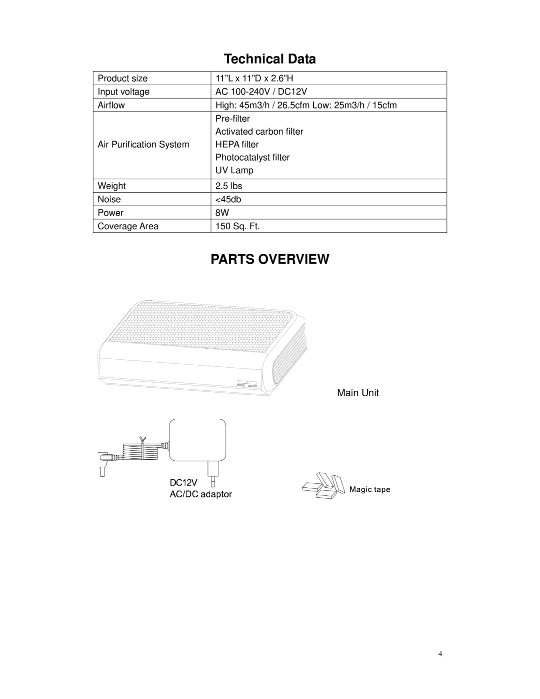 Whynter PAF-101 instruction manual Parts Overview 