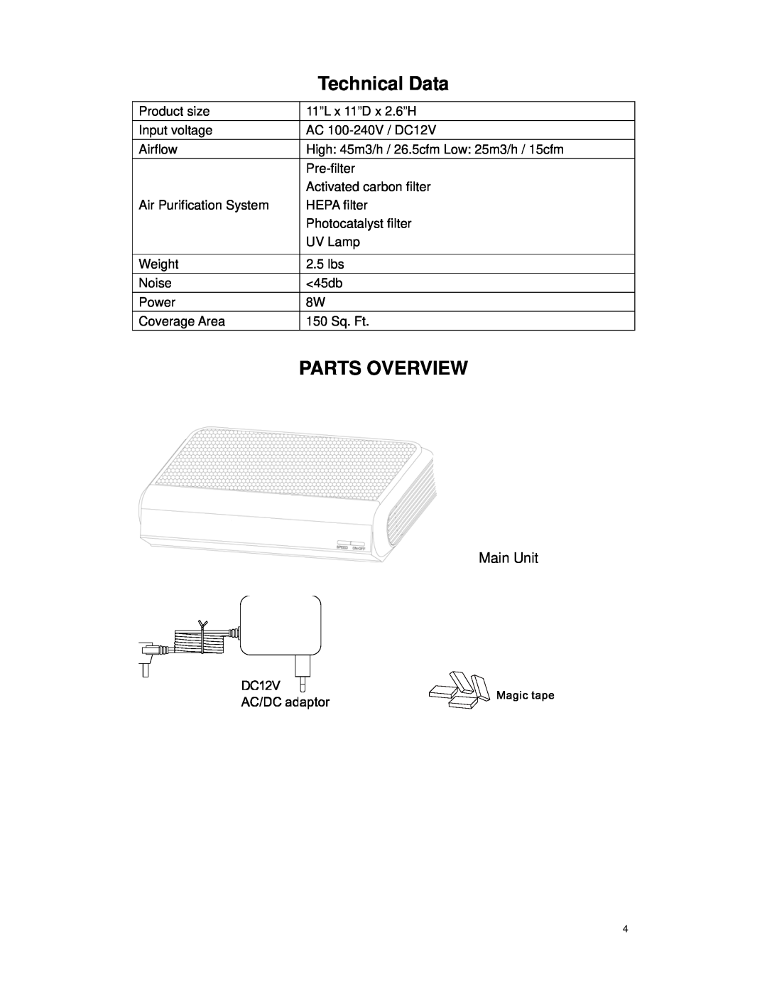 Whynter PAF-101 instruction manual Technical Data, Parts Overview, Main Unit 