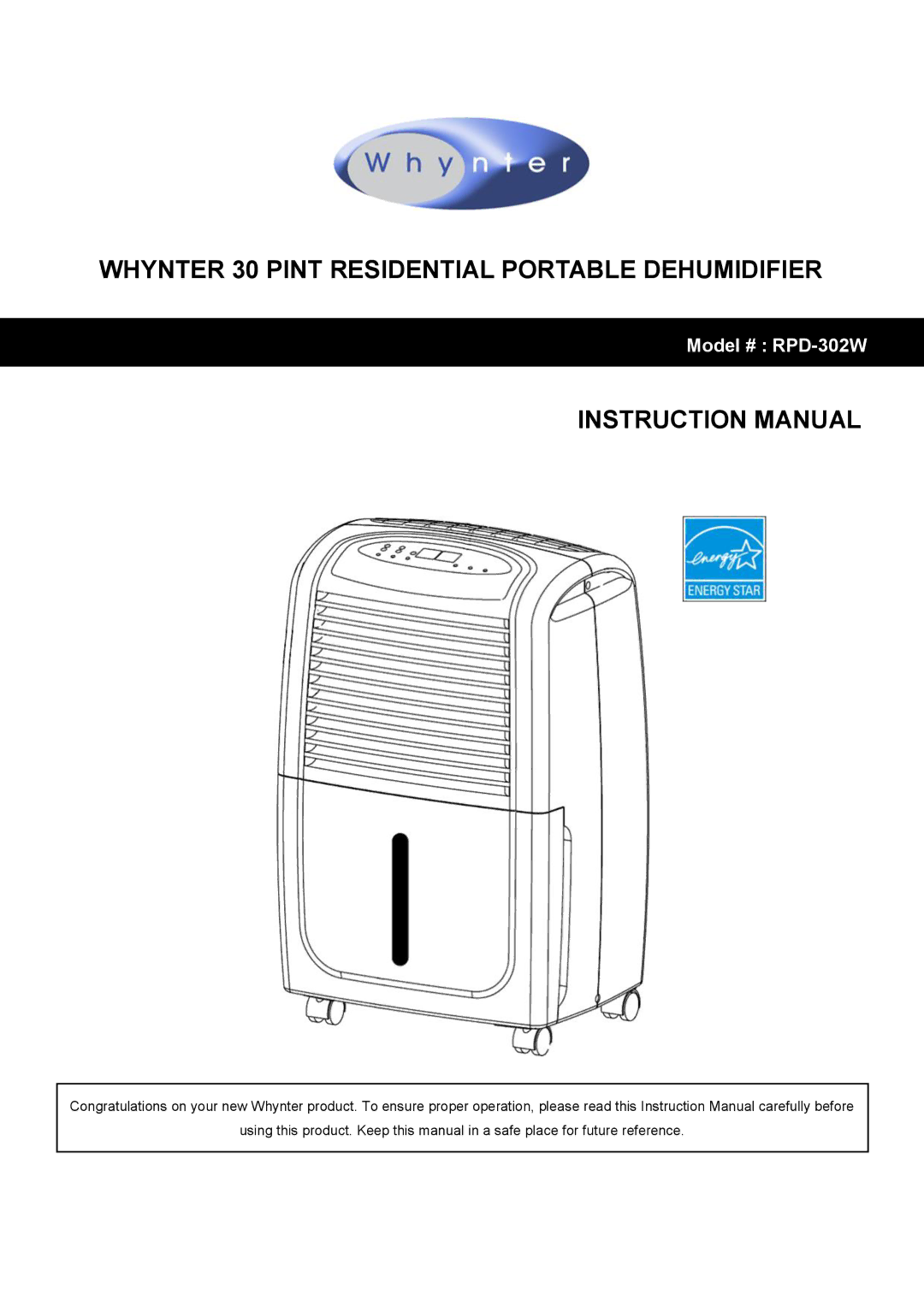 Whynter RPD-302W instruction manual Whynter 30 Pint Residential Portable Dehumidifier 