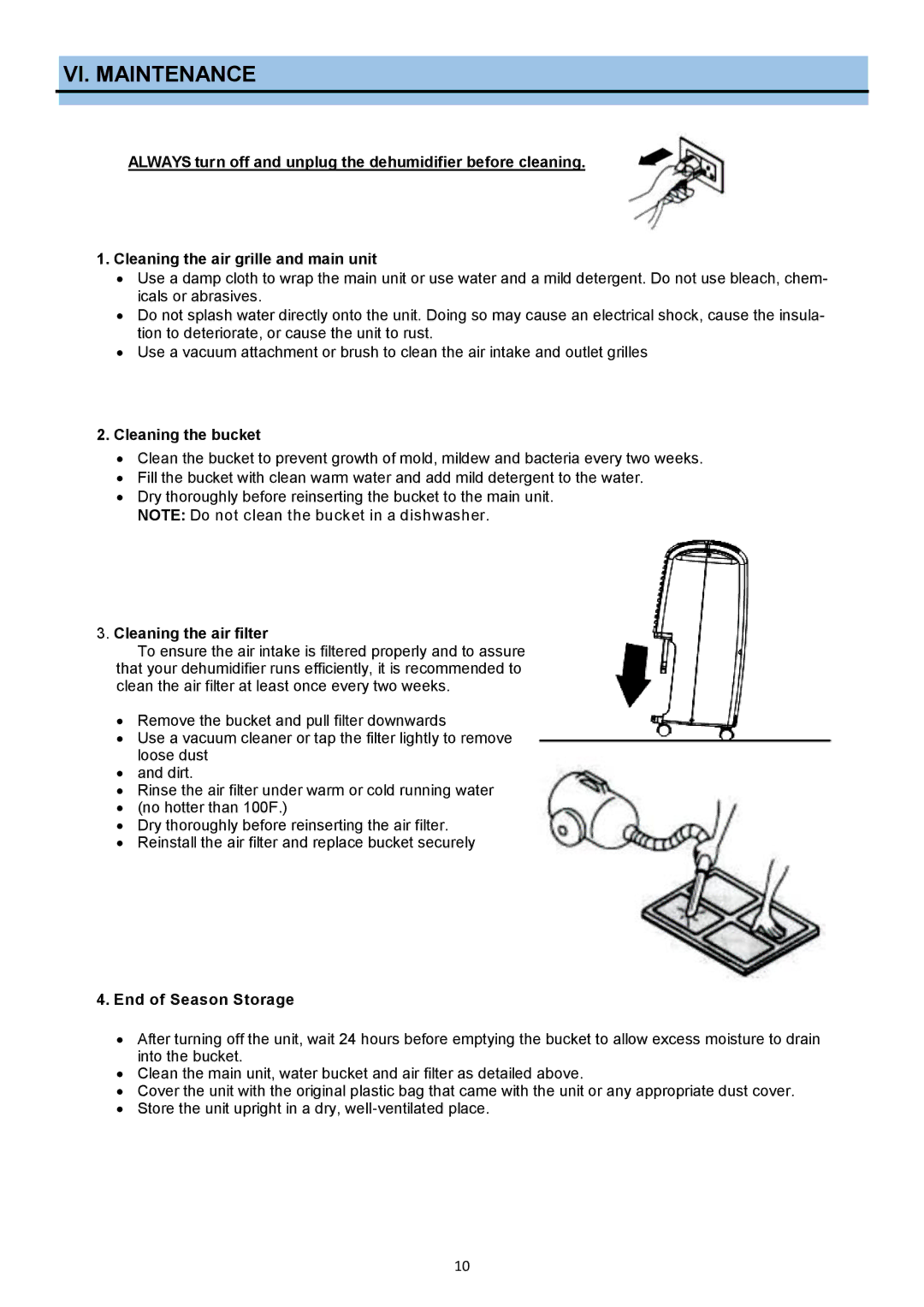 Whynter RPD-302W instruction manual VI. Maintenance, Cleaning the bucket, Cleaning the air filter, End of Season Storage 