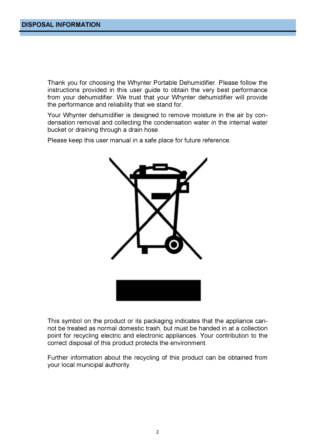 Whynter RPD-302W instruction manual Disposal Information 