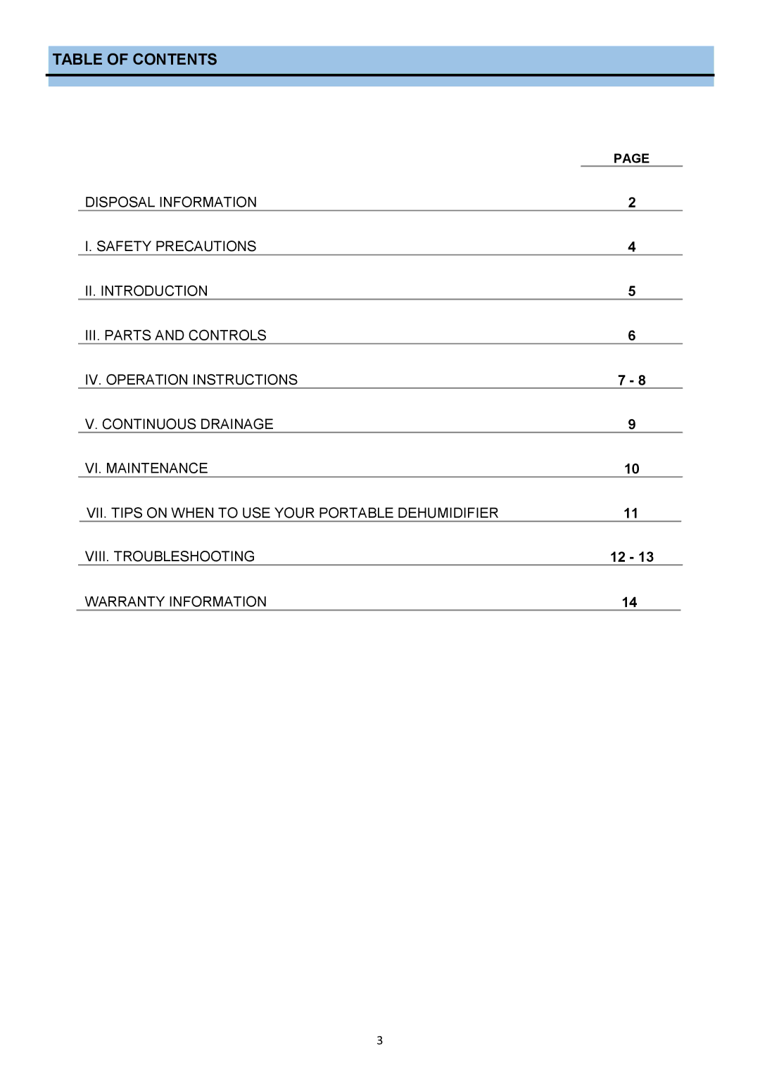 Whynter RPD-302W instruction manual Table of Contents 