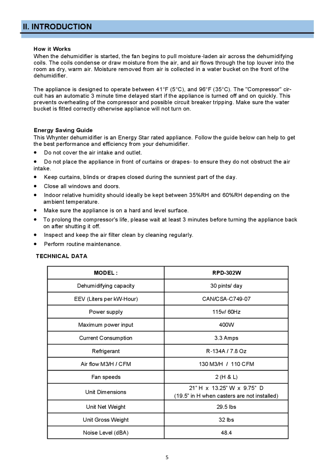 Whynter RPD-302W instruction manual II. Introduction, How it Works, Energy Saving Guide, Technical Data Model 