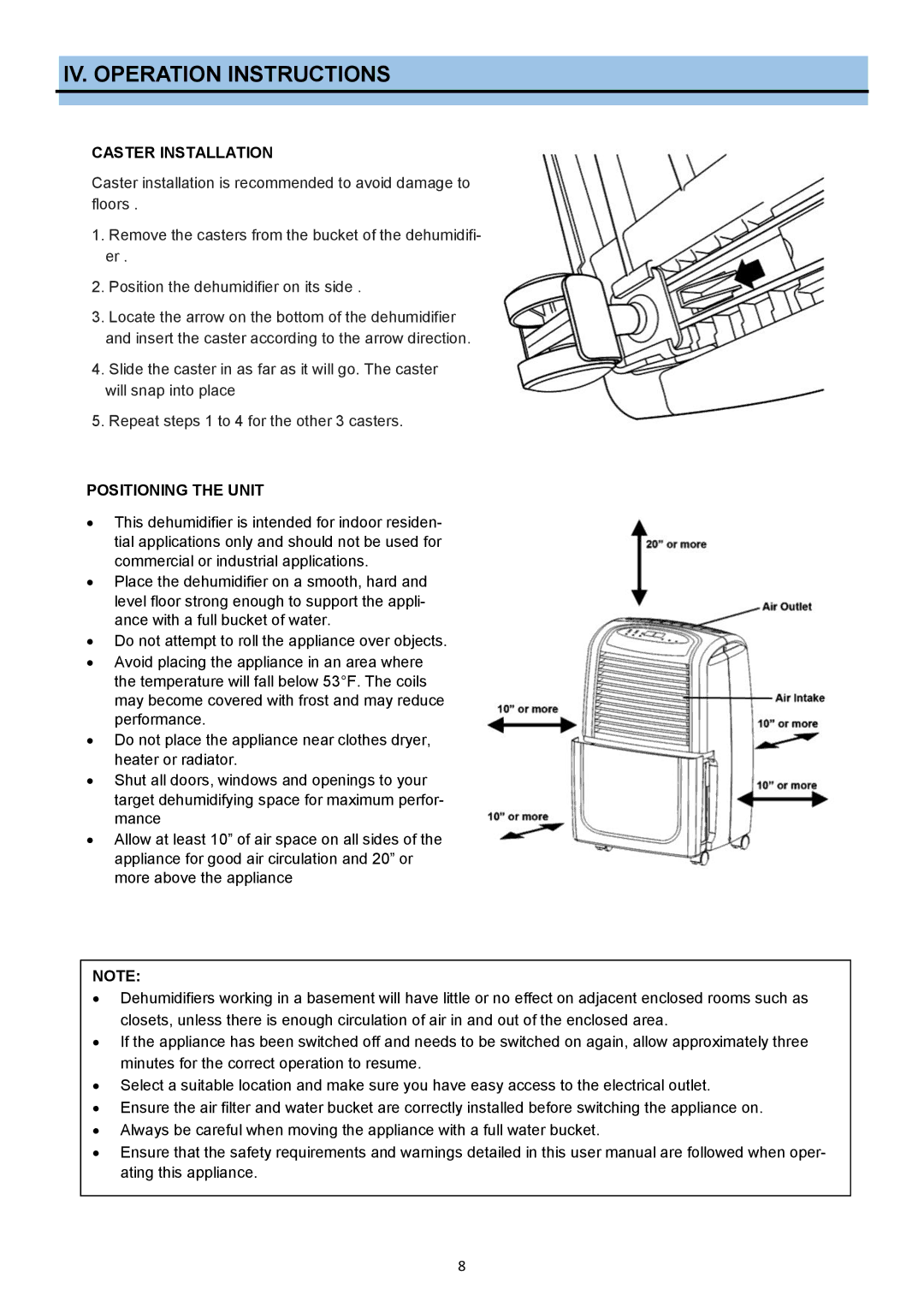 Whynter RPD-302W instruction manual Caster Installation, Positioning the Unit 