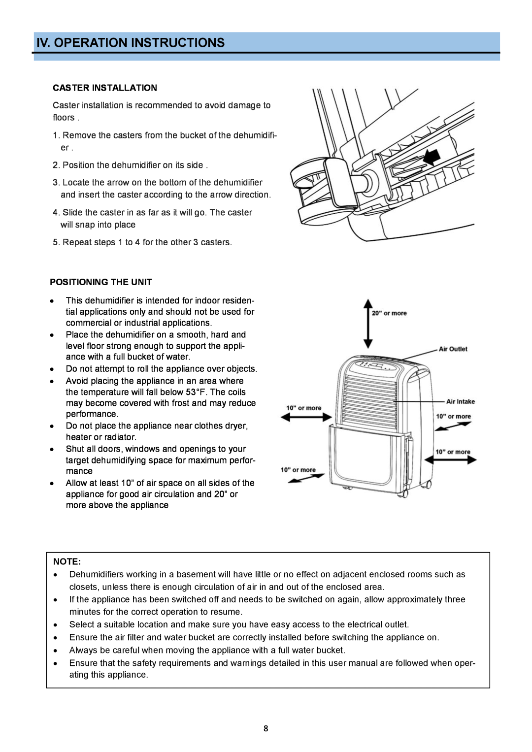 Whynter RPD-302W instruction manual Iv. Operation Instructions, Caster Installation, Positioning The Unit 
