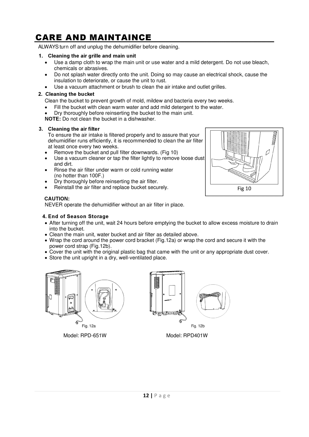 Whynter RPD-401W Care and Maintaince, Cleaning the air grille and main unit, Cleaning the bucket, Cleaning the air filter 