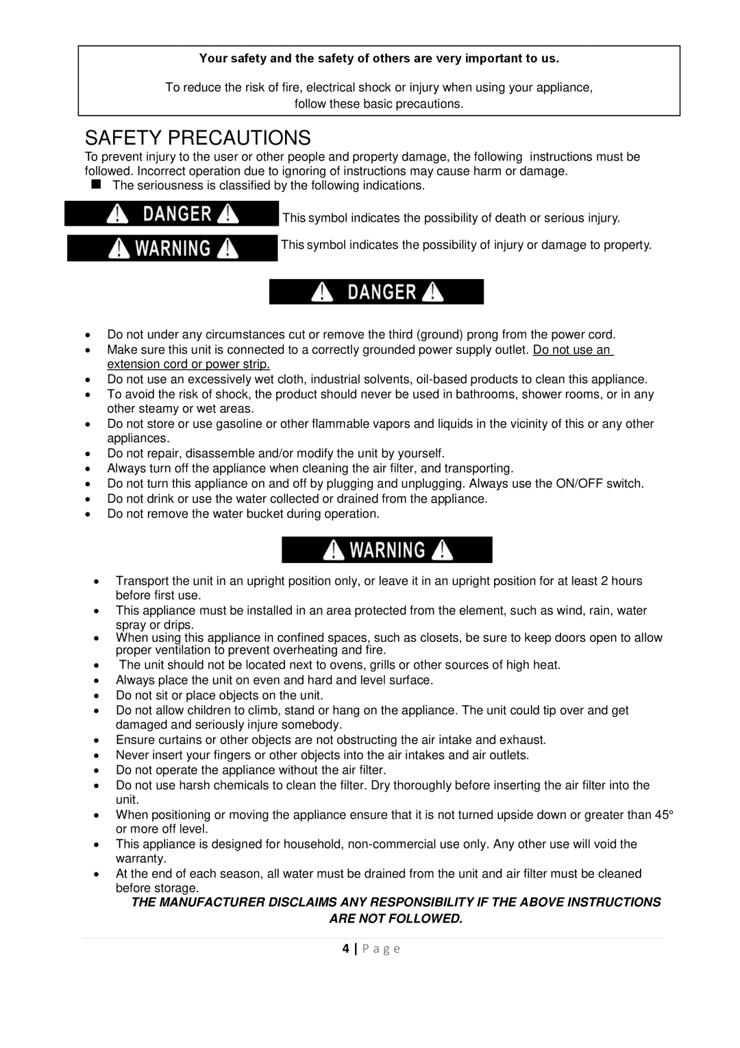 Whynter RPD-401W, RPD-651W instruction manual Safety Precautions 