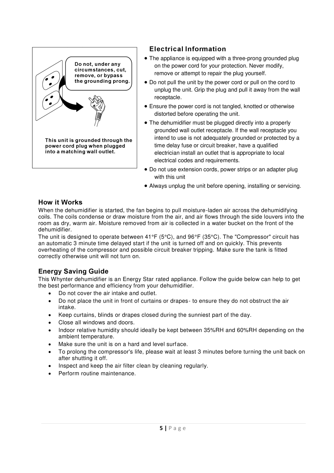 Whynter RPD-651W, RPD-401W instruction manual How it Works Electrical Information 