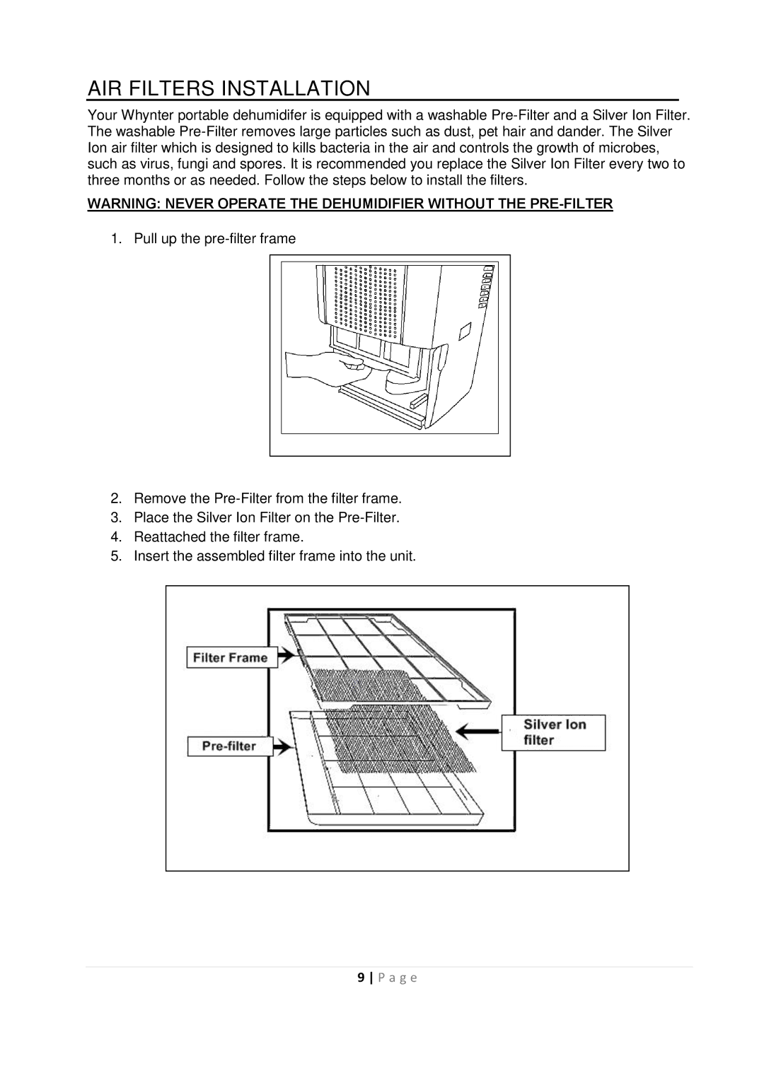 Whynter RPD-651W, RPD-401W instruction manual AIR Filters Installation 