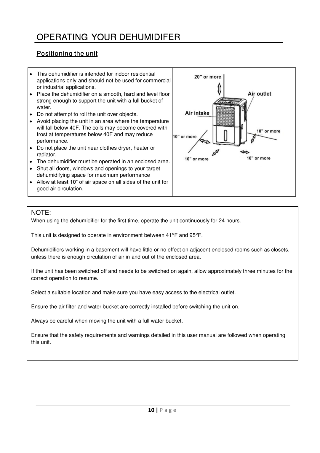 Whynter RPD-410W instruction manual Operating Your Dehumidifer, Positioning the unit, P a g e 