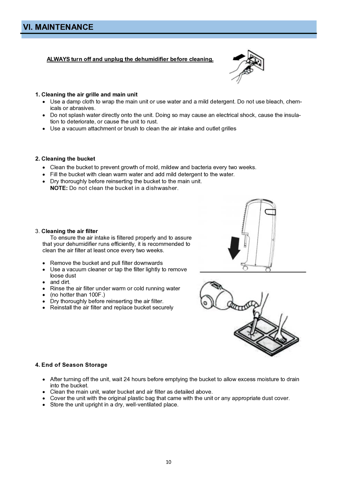 Whynter RPD-702WP instruction manual VI. Maintenance, Cleaning the bucket, Cleaning the air filter, End of Season Storage 