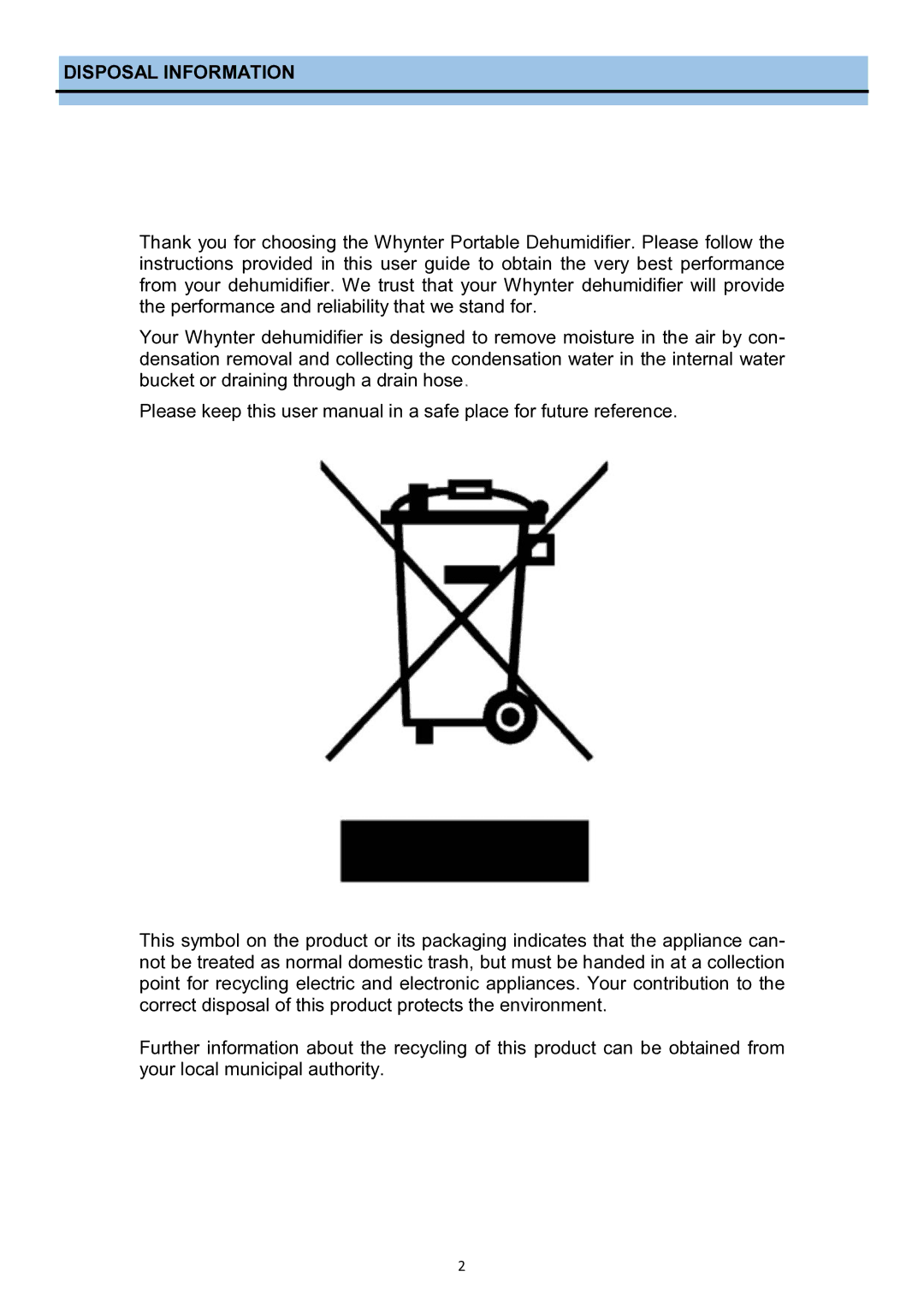 Whynter RPD-702WP instruction manual Disposal Information 