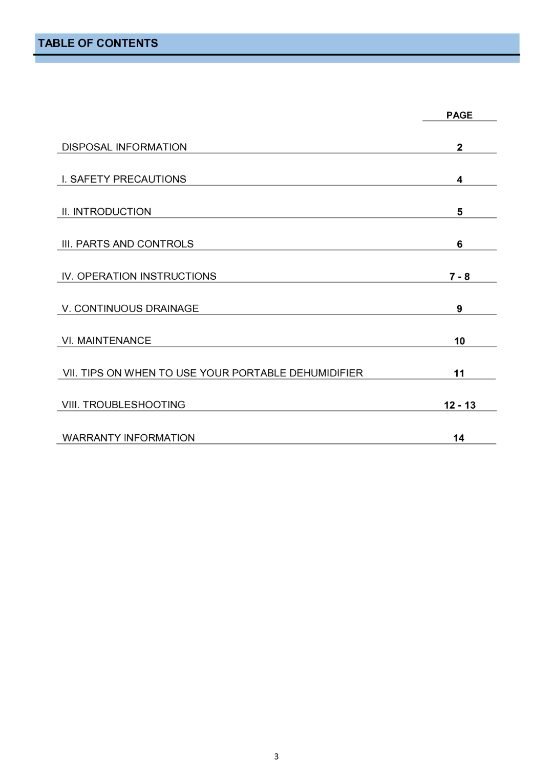 Whynter RPD-702WP instruction manual Table of Contents 