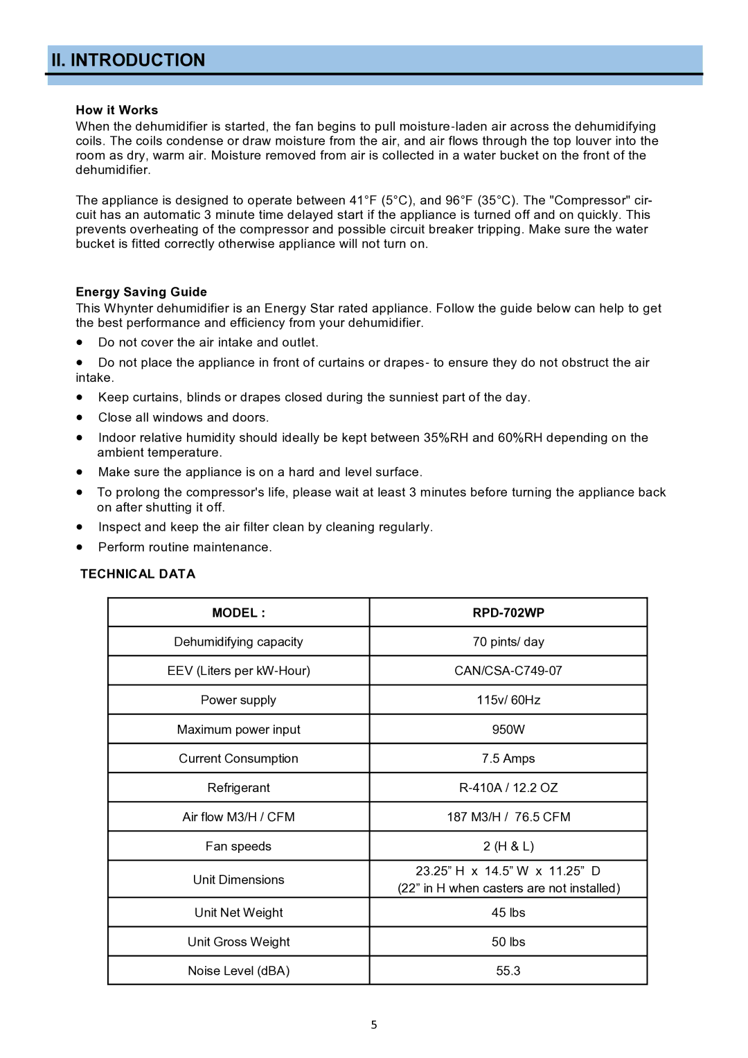 Whynter RPD-702WP instruction manual II. Introduction, How it Works, Energy Saving Guide, Technical Data Model 