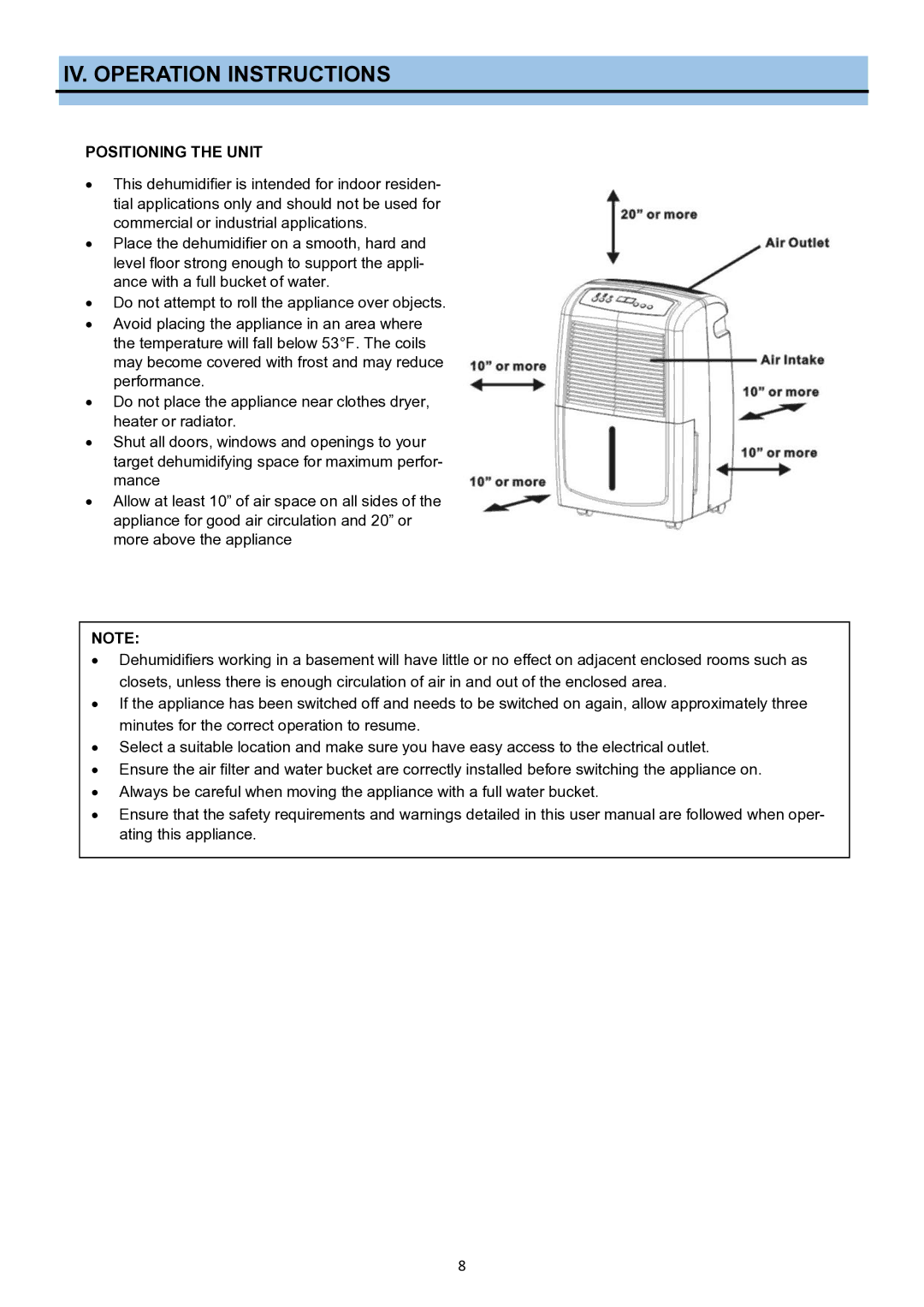 Whynter RPD-702WP instruction manual Positioning the Unit 