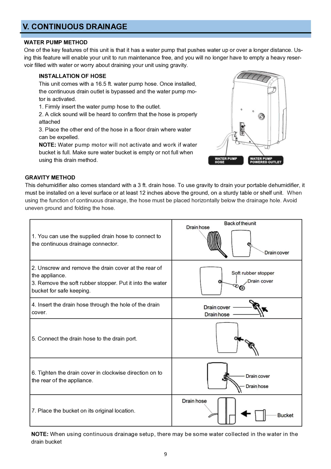 Whynter RPD-702WP instruction manual Continuous Drainage, Water Pump Method, Installation of Hose, Gravity Method 