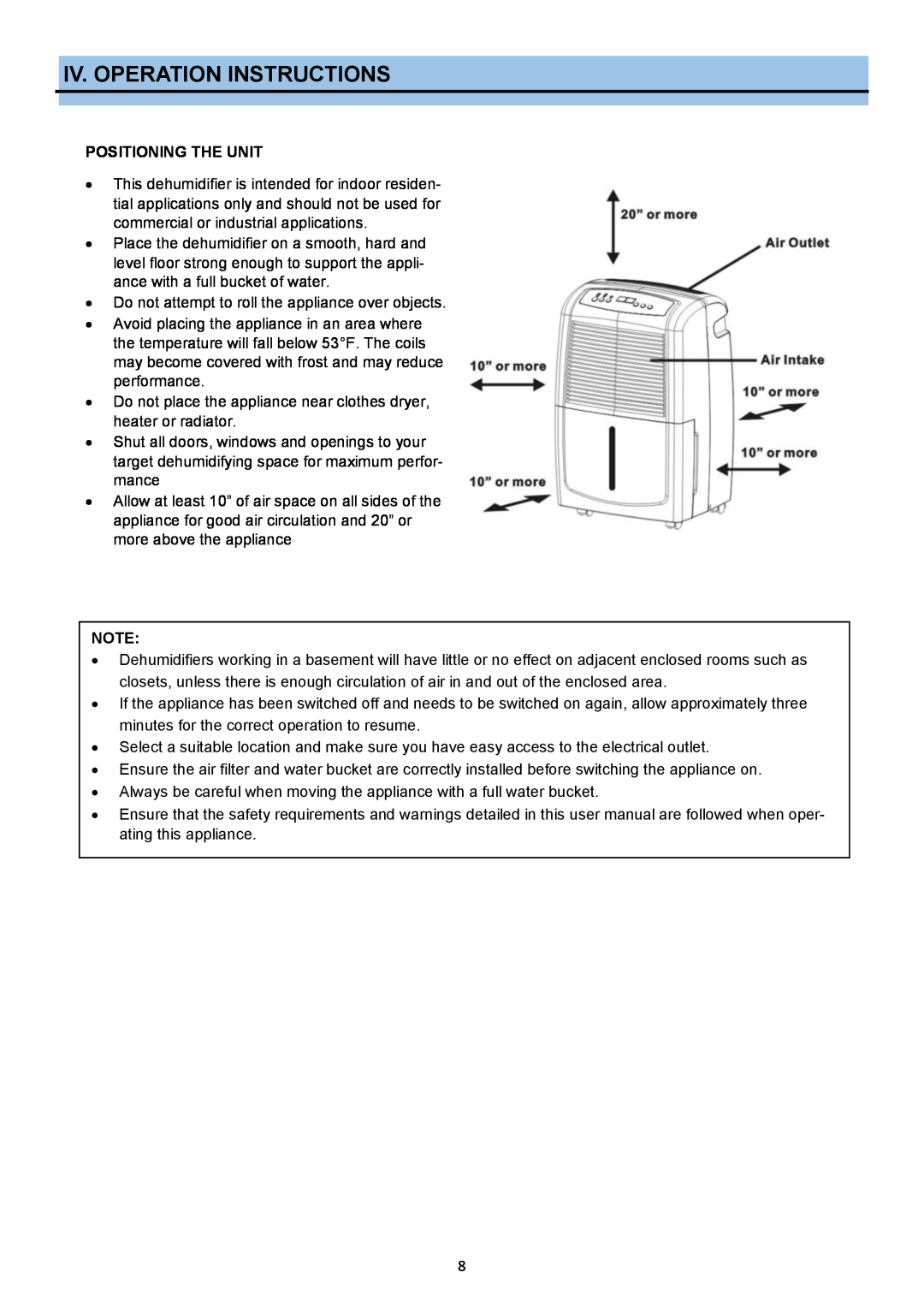 Whynter RPD-702WP instruction manual Iv. Operation Instructions, Positioning The Unit 