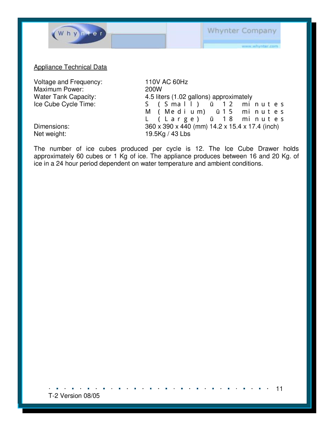 Whynter SNO T-2M/T-2MA, SNO T-2C/T-2CA instruction manual 