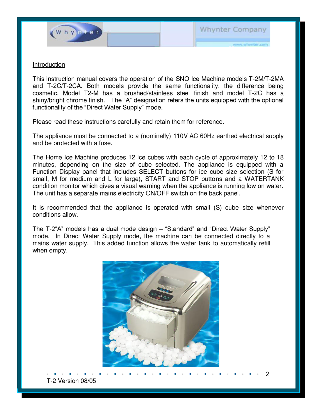 Whynter SNO T-2C/T-2CA, SNO T-2M/T-2MA instruction manual 