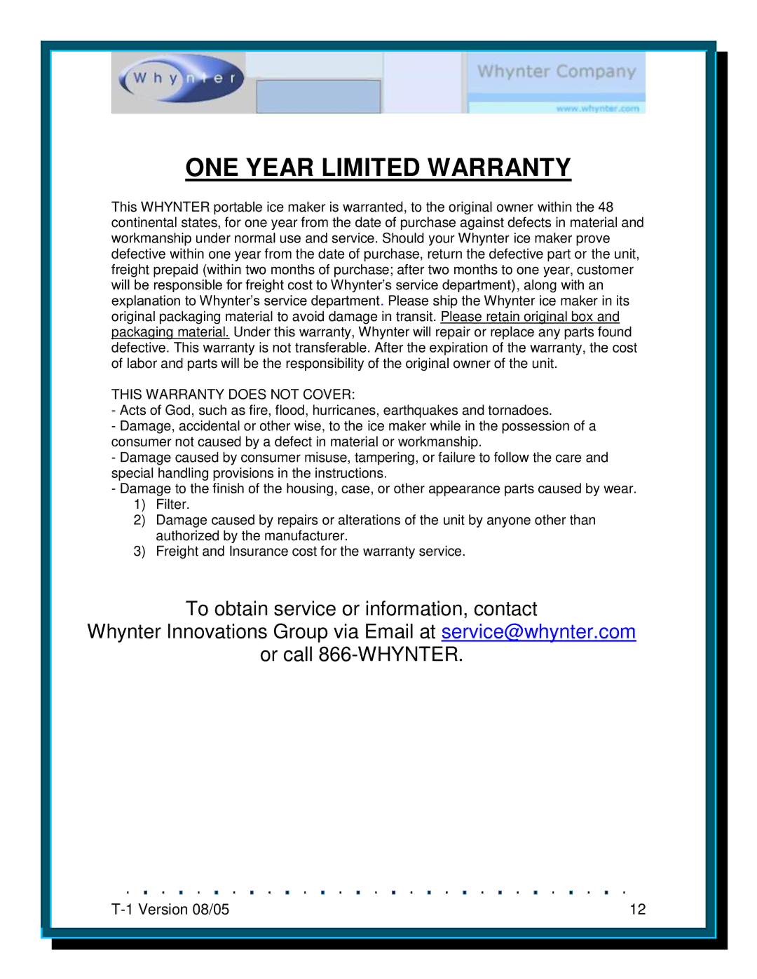 Whynter T-1A instruction manual ONE Year Limited Warranty 