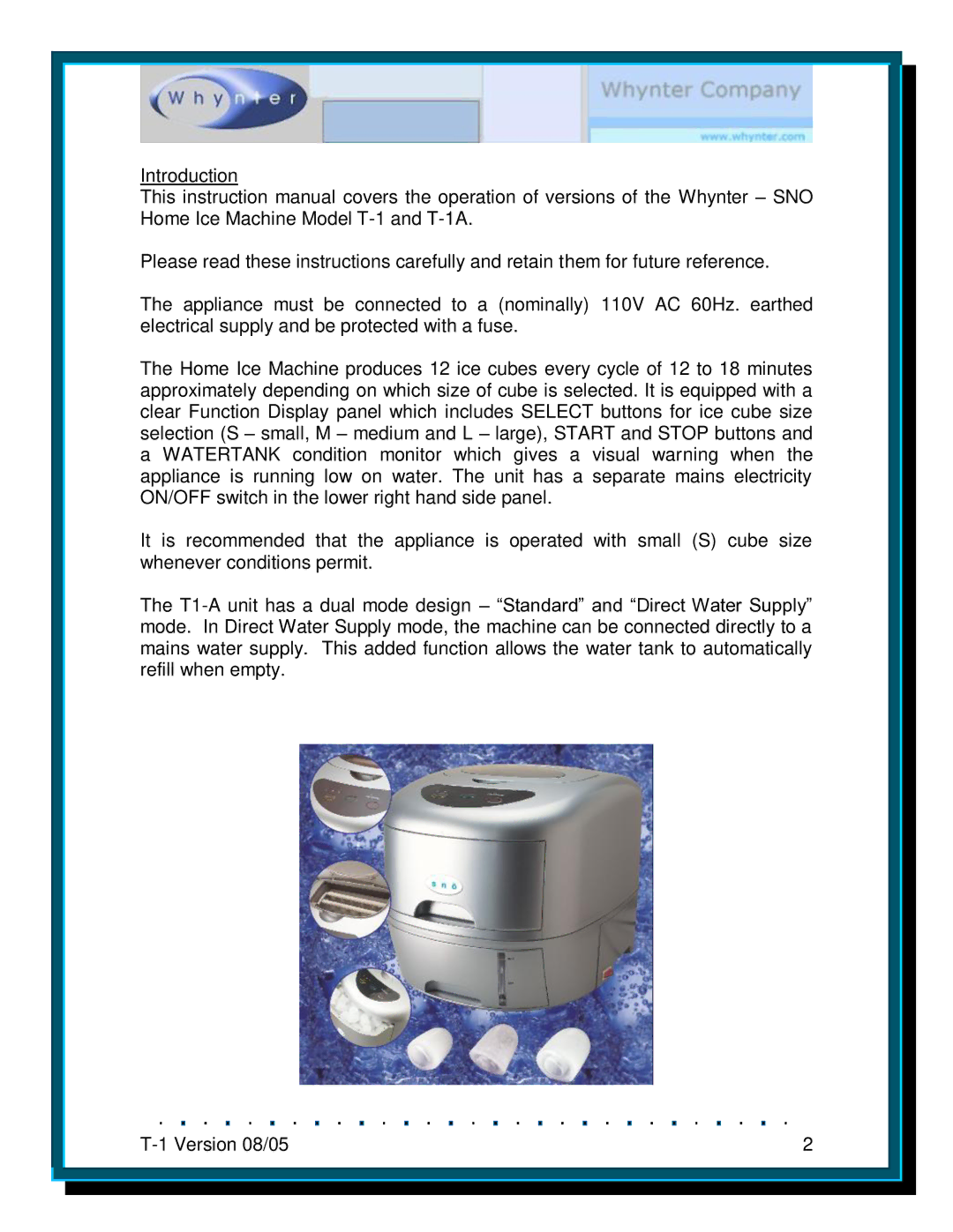 Whynter T-1A instruction manual 