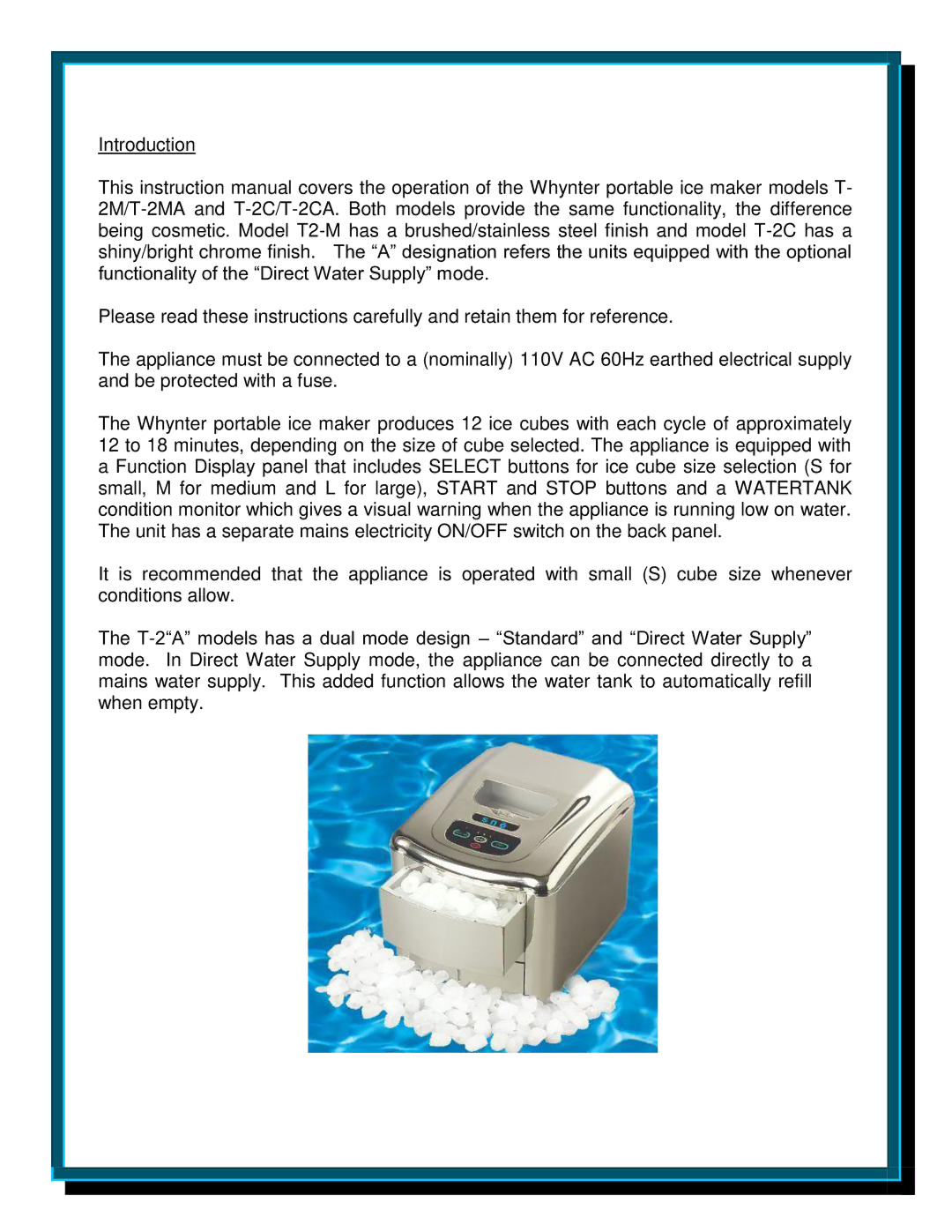 Whynter T-2M/A, T-2C/A instruction manual 