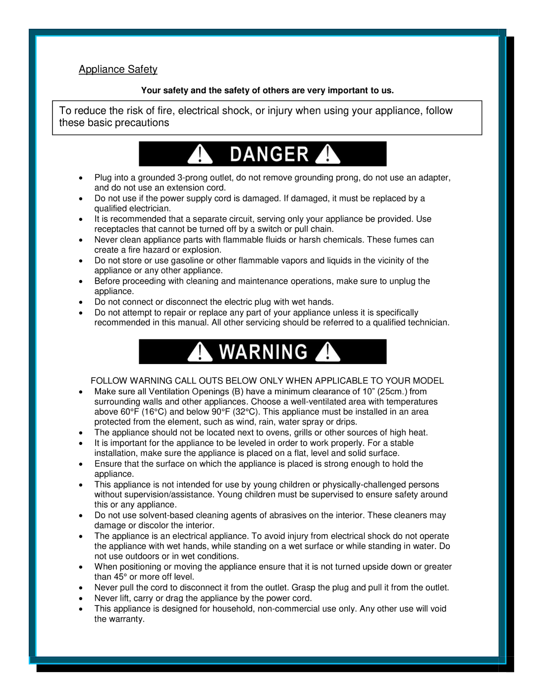 Whynter T-2C/A, T-2M/A instruction manual Appliance Safety 