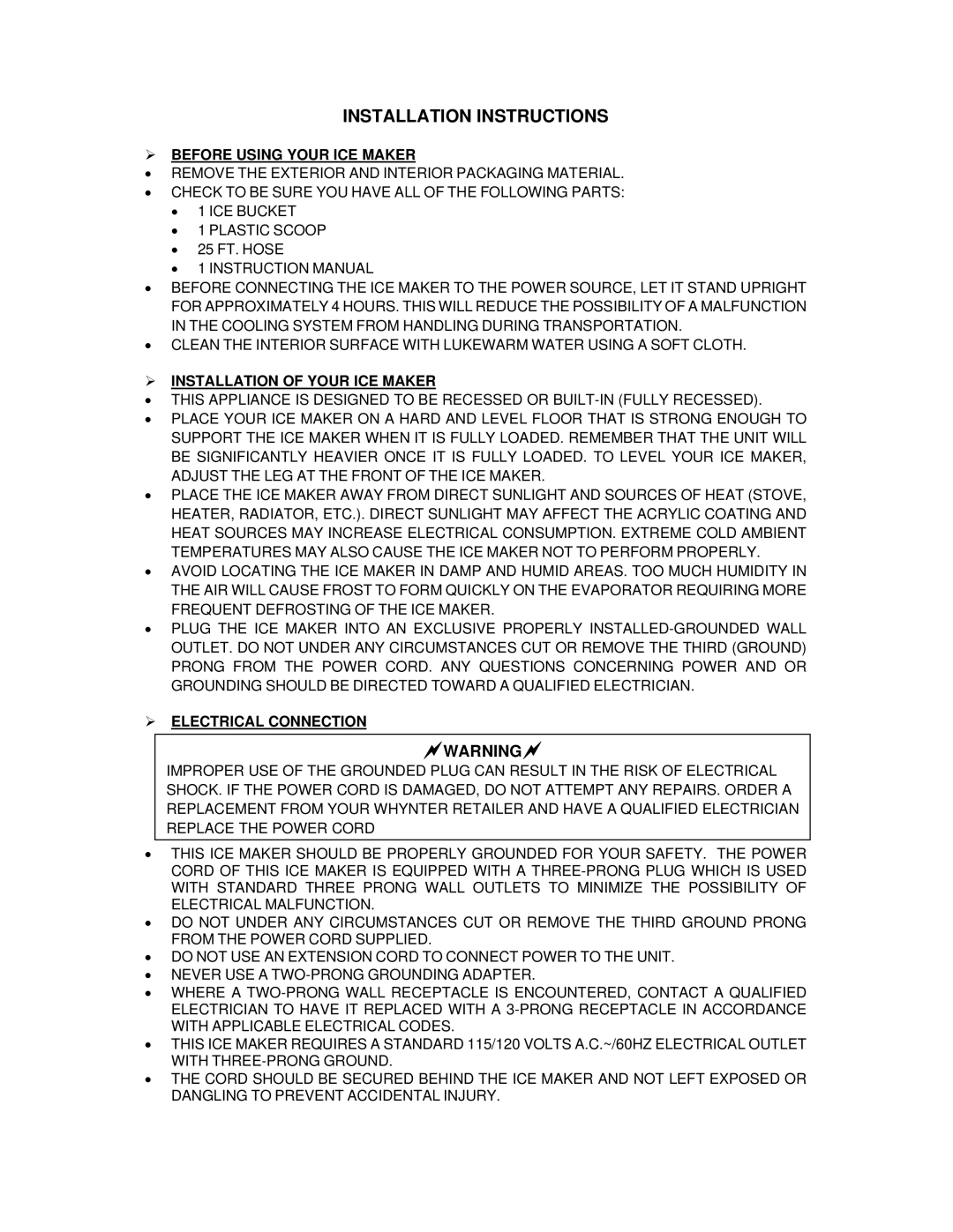 Whynter UIM-155 Installation Instructions, ¾ Before Using Your ICE Maker, ¾ Installation of Your ICE Maker 