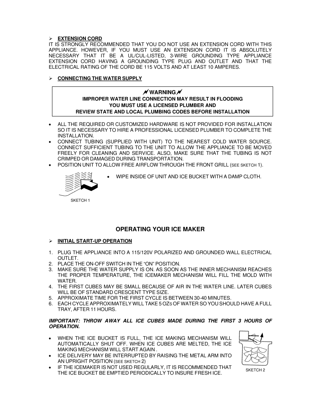 Whynter UIM-155 instruction manual Operating Your ICE Maker, ¾ Extension Cord, ¾ Initial START-UP Operation 