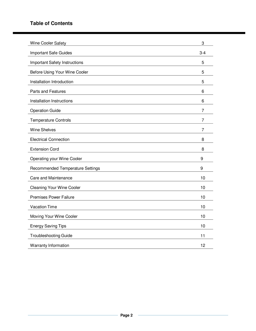 Whynter wc-201td instruction manual Table of Contents 