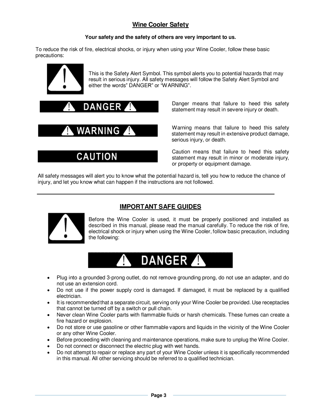 Whynter wc-201td instruction manual Wine Cooler Safety, Important Safe Guides 