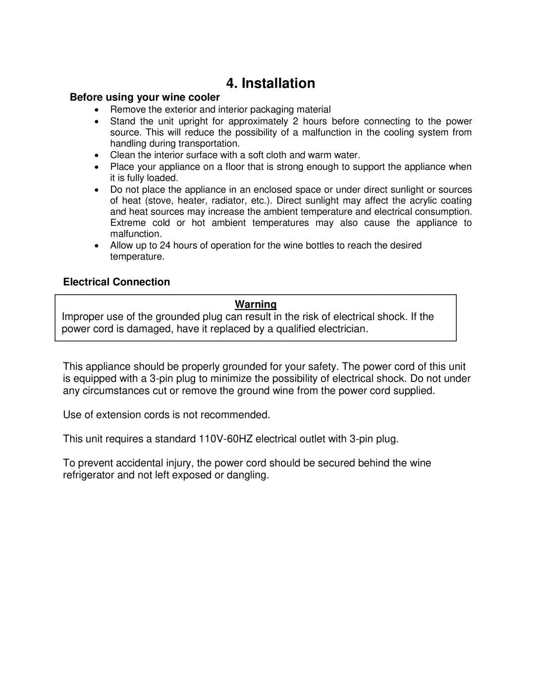 Whynter WZ-211DZ, WC-211DZ instruction manual Installation, Before using your wine cooler, Electrical Connection 