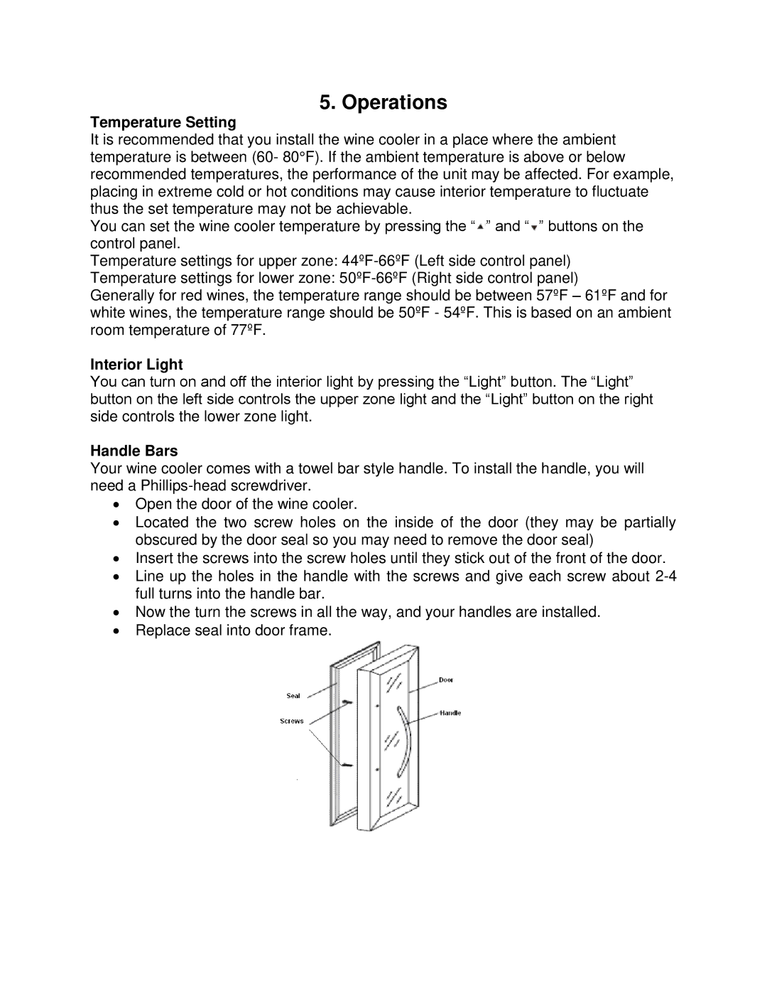 Whynter WC-211DZ, WZ-211DZ instruction manual Operations, Temperature Setting, Interior Light, Handle Bars 