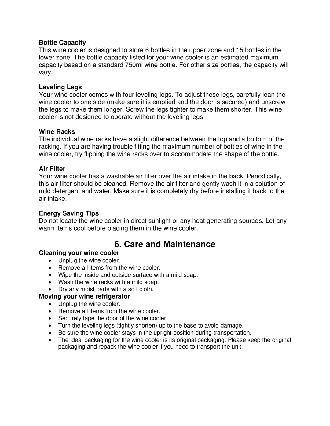 Whynter WZ-211DZ, WC-211DZ instruction manual Care and Maintenance 