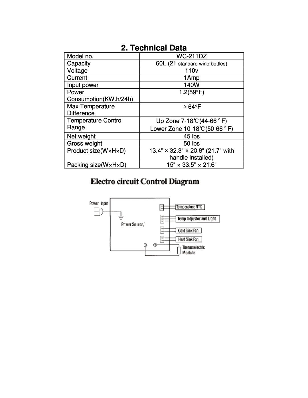 Whynter WC-211DZ, WZ-211DZ instruction manual Technical Data 