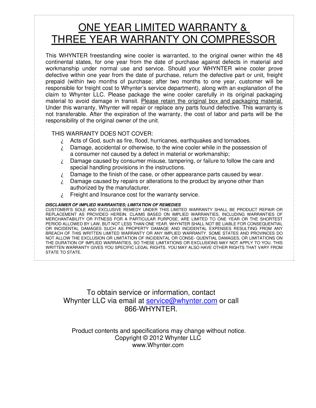 Whynter wc-212bd, WC-2128D instruction manual ONE Year Limited Warranty Three Year Warranty on Compressor 