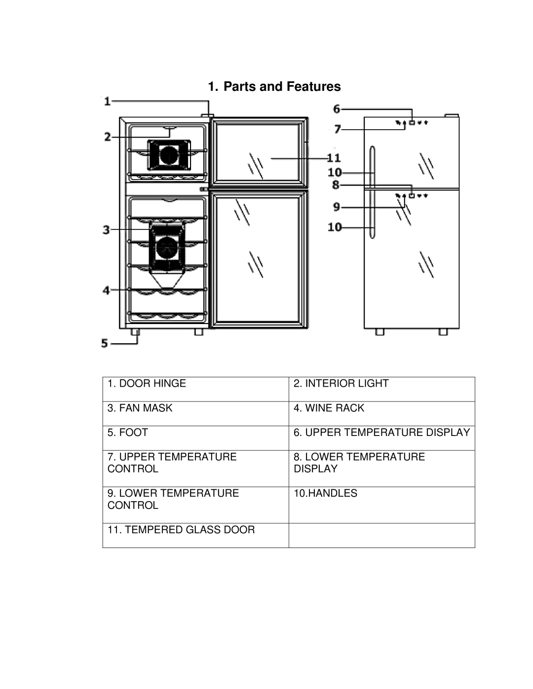 Whynter WC-2128D, wc-212bd instruction manual Parts and Features 