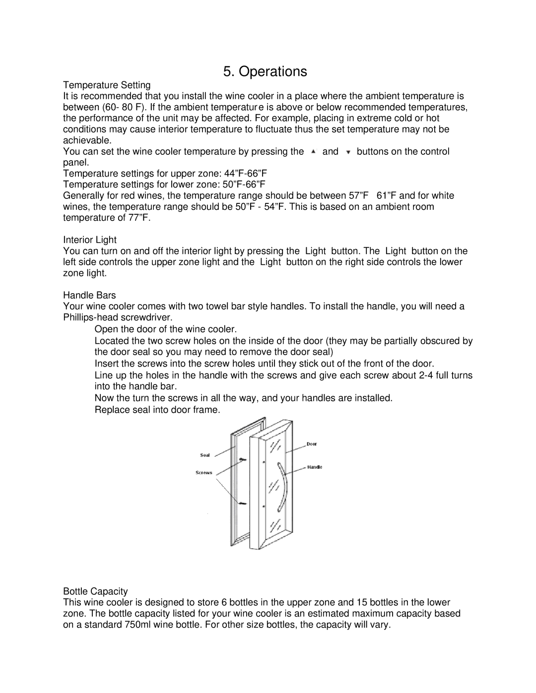 Whynter wc-212bd, WC-2128D instruction manual Operations, Temperature Setting 