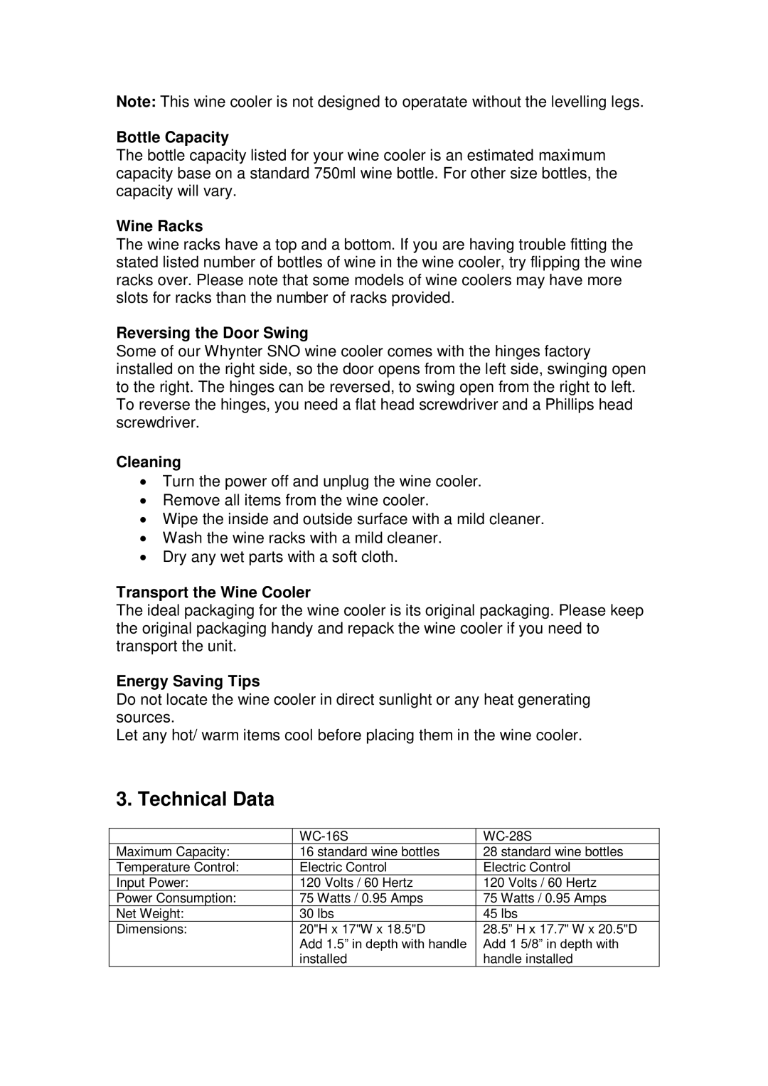 Whynter WC-28S, WC16S manual Technical Data 