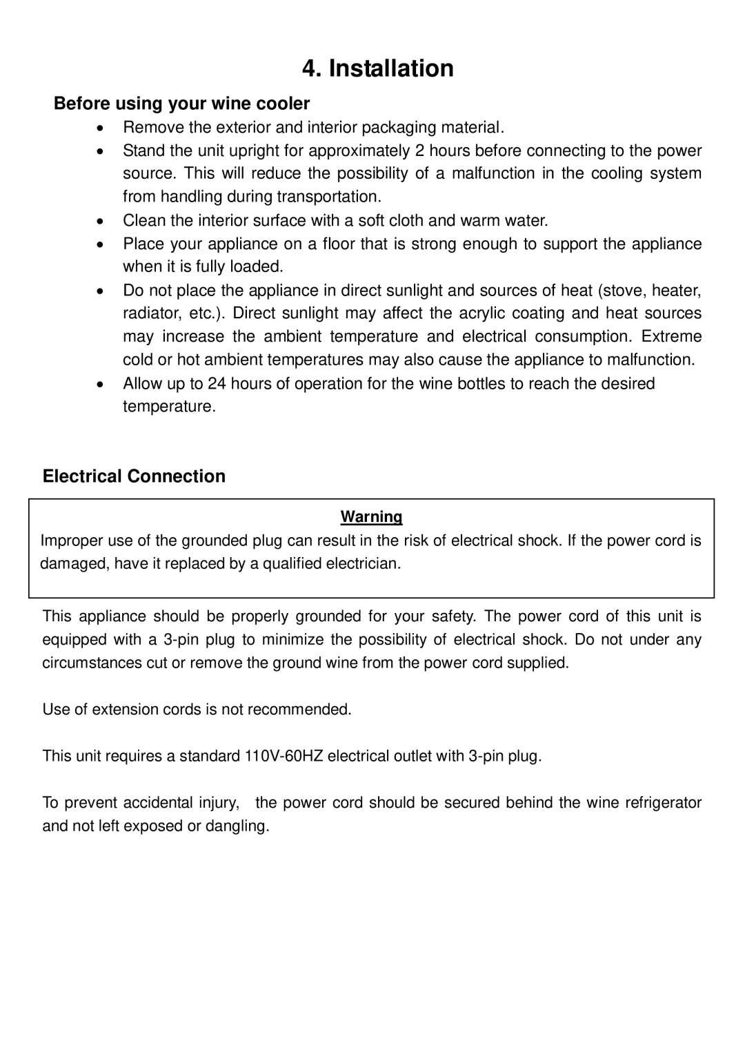 Whynter WC-321DD instruction manual Installation, Before using your wine cooler, Electrical Connection 