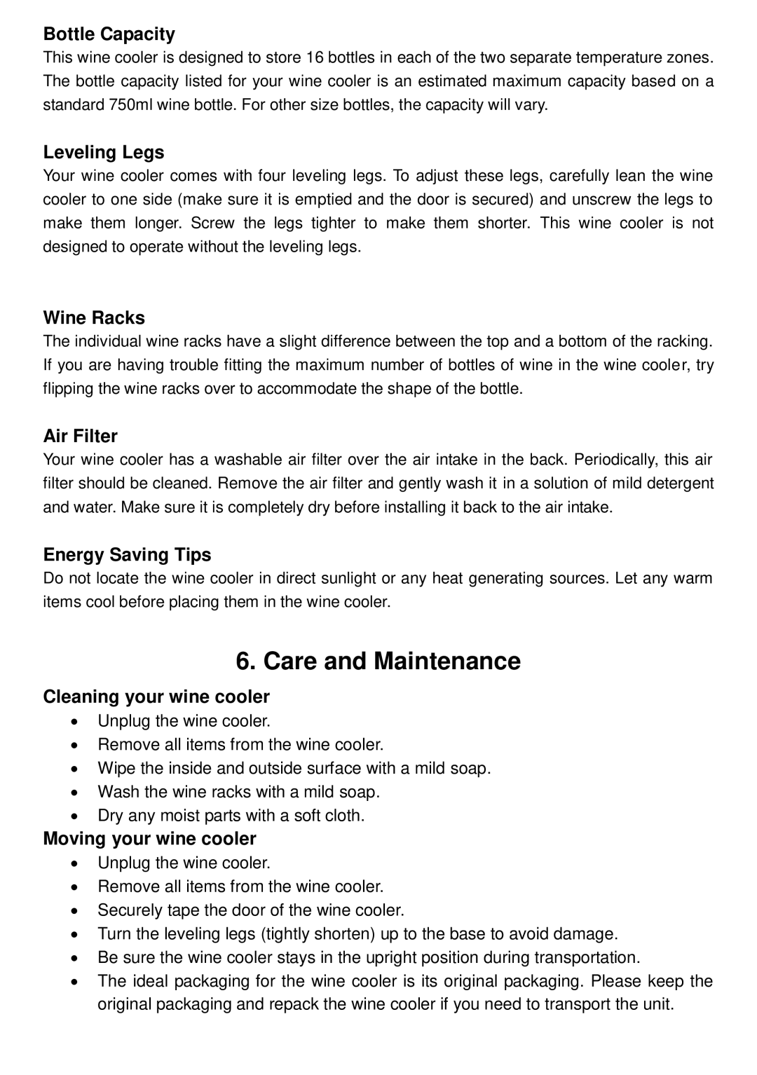 Whynter WC-321DD instruction manual Care and Maintenance 