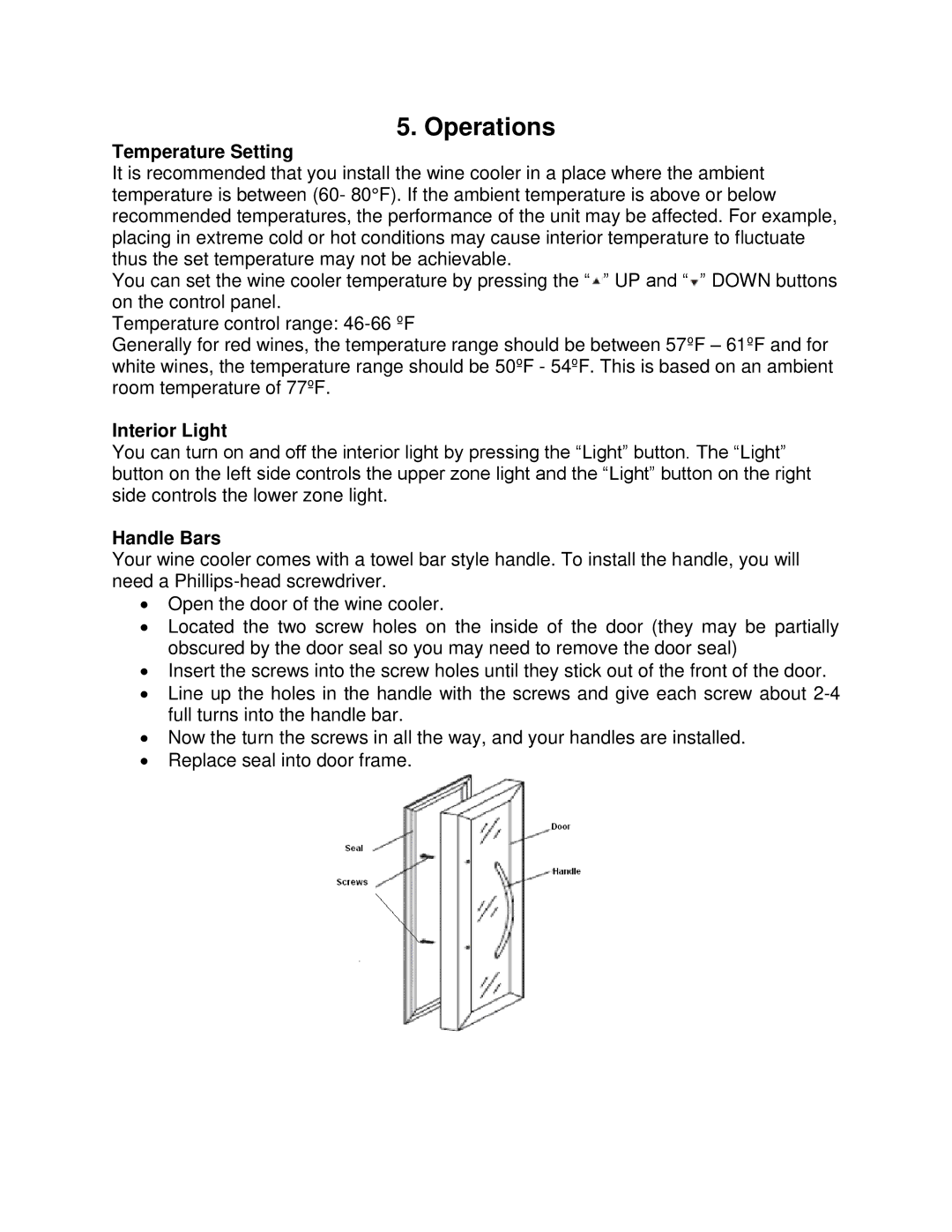 Whynter WC-321DD instruction manual Operations, Temperature Setting, Interior Light, Handle Bars 