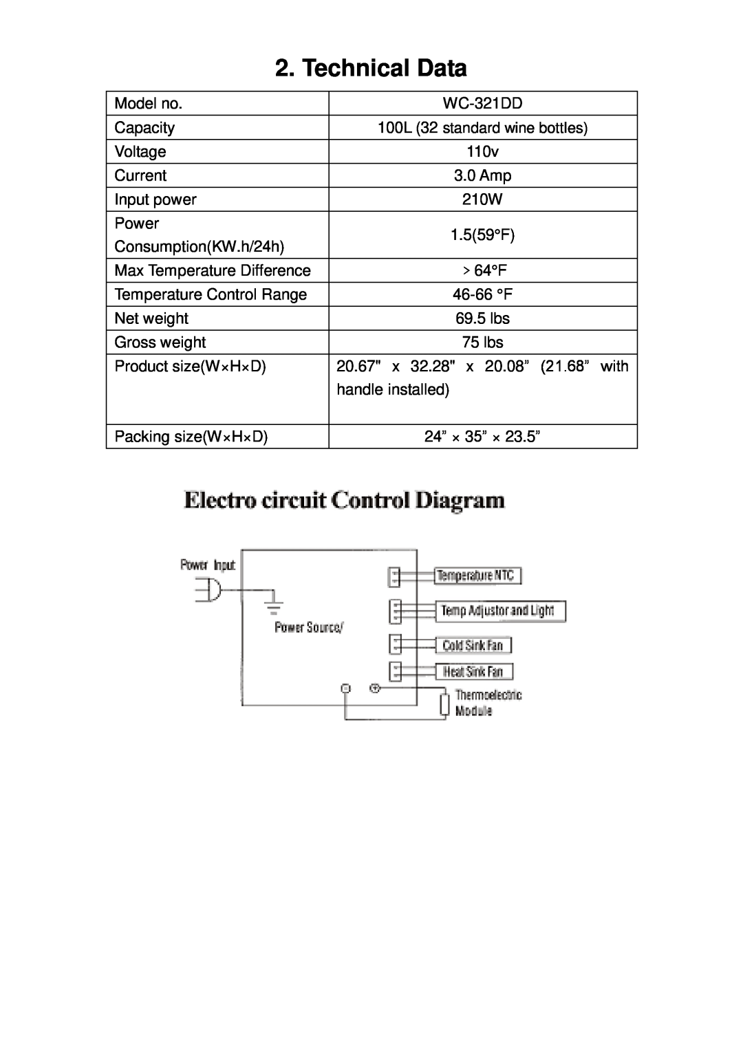 Whynter WC-321DD instruction manual Technical Data 