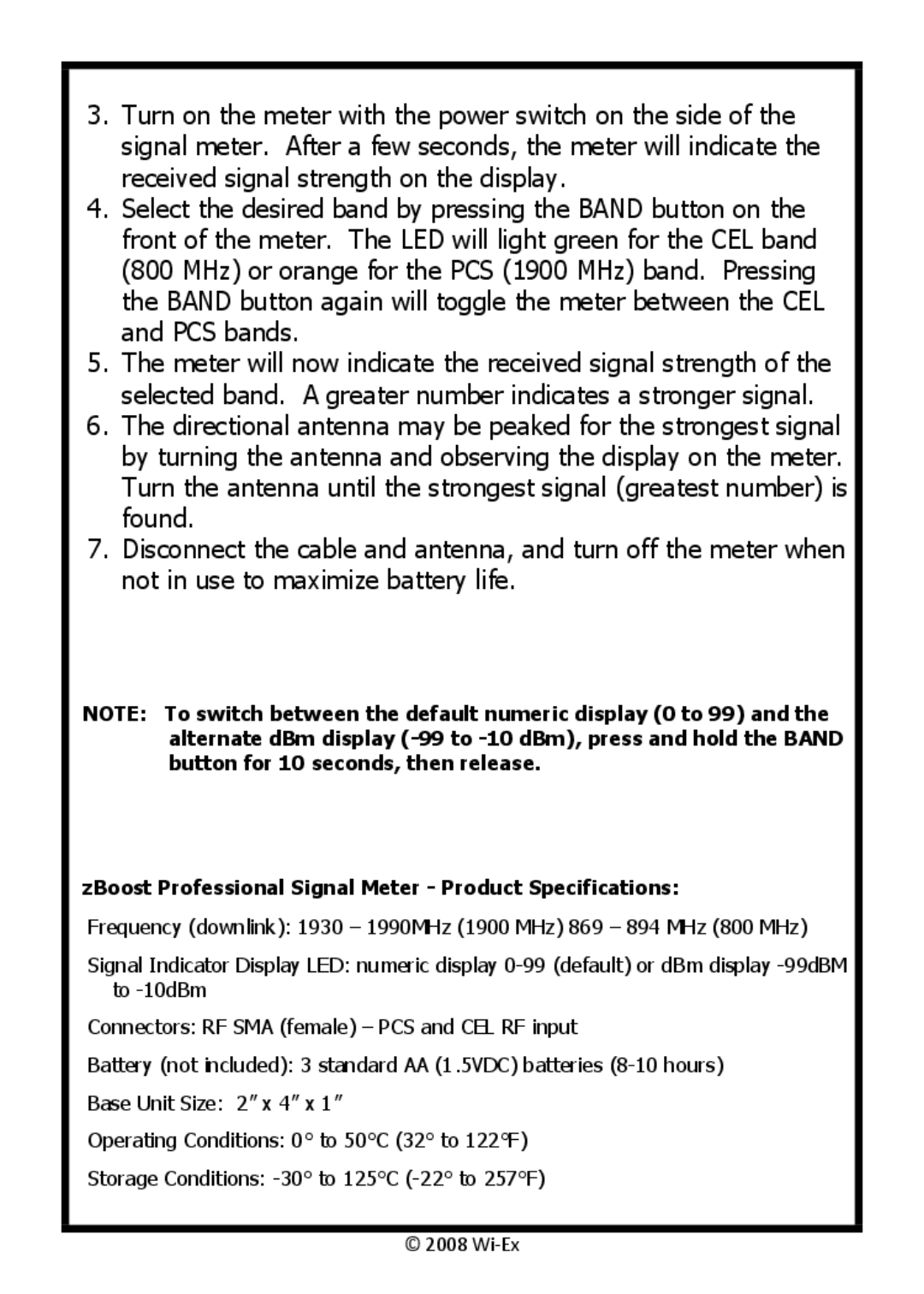 Wi-Ex YX699 manual ZBoost Professional Signal Meter Product Specifications 